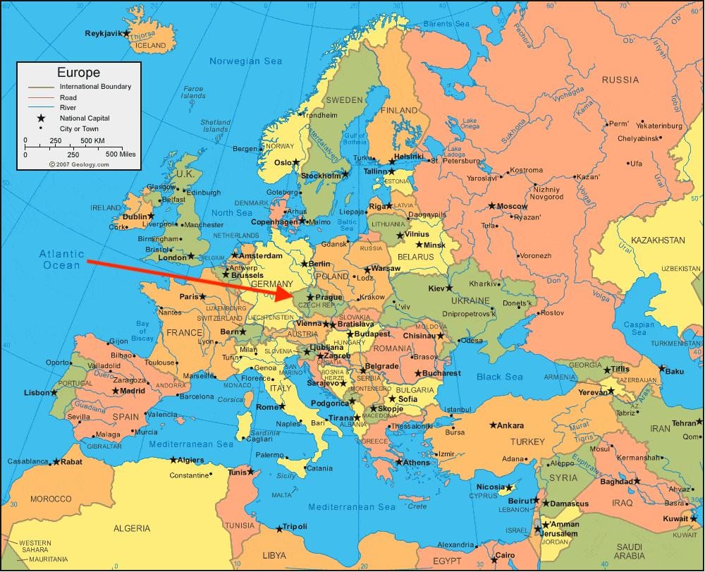 карта Чехии в Европе