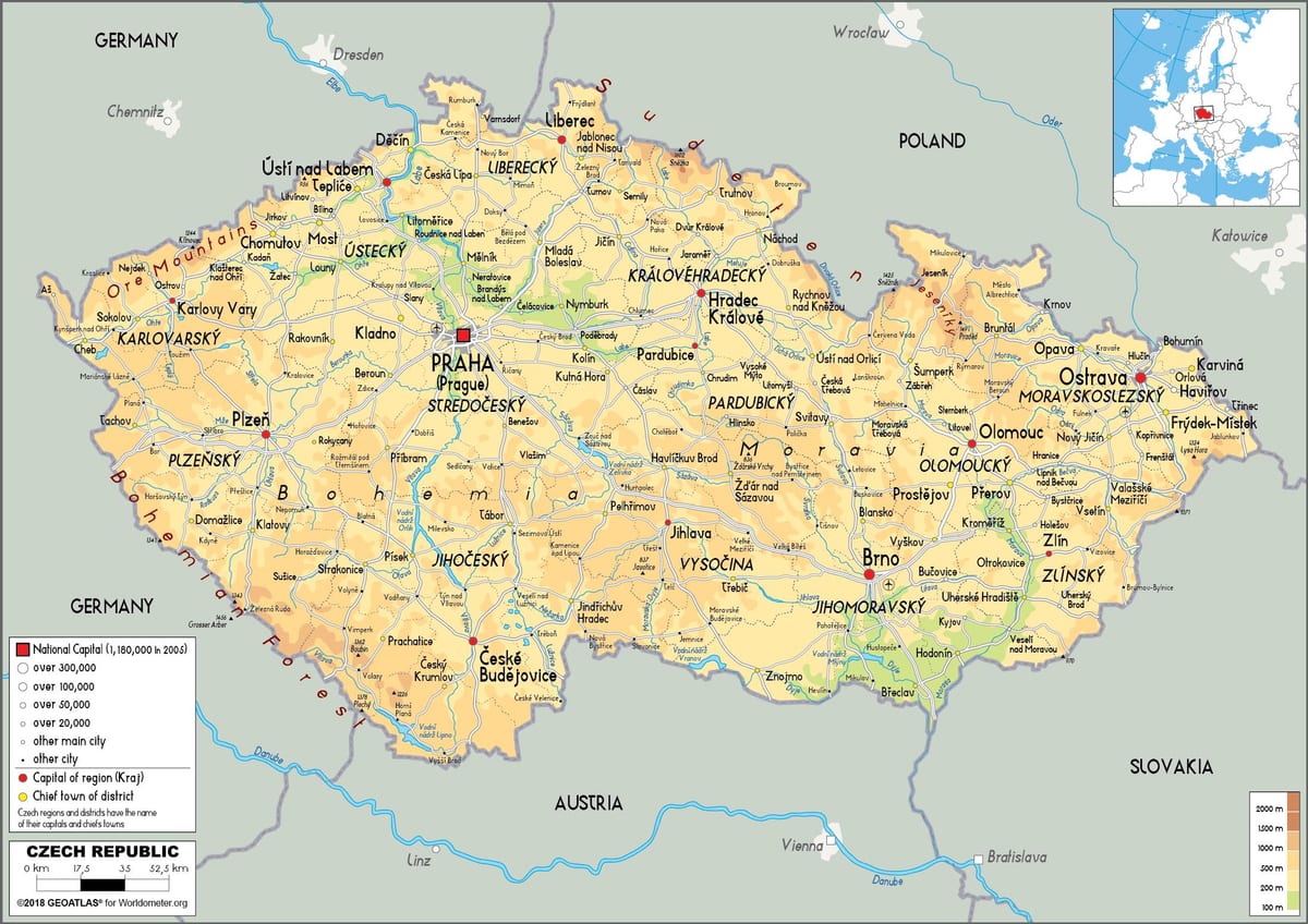 физическая карта Чехии